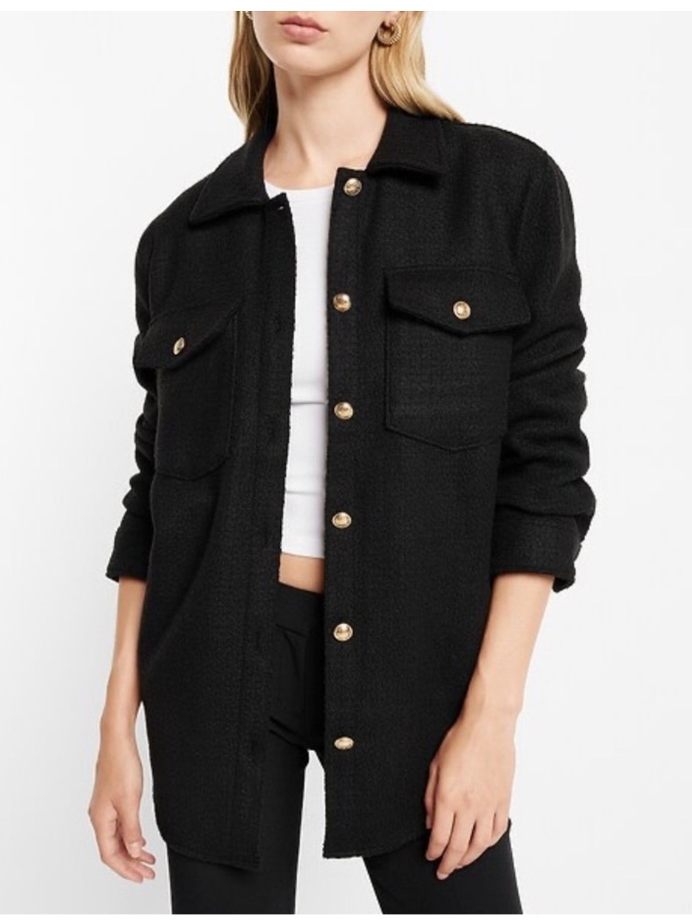 Express Black Button-Front Shacket with Gold-Tone Buttons